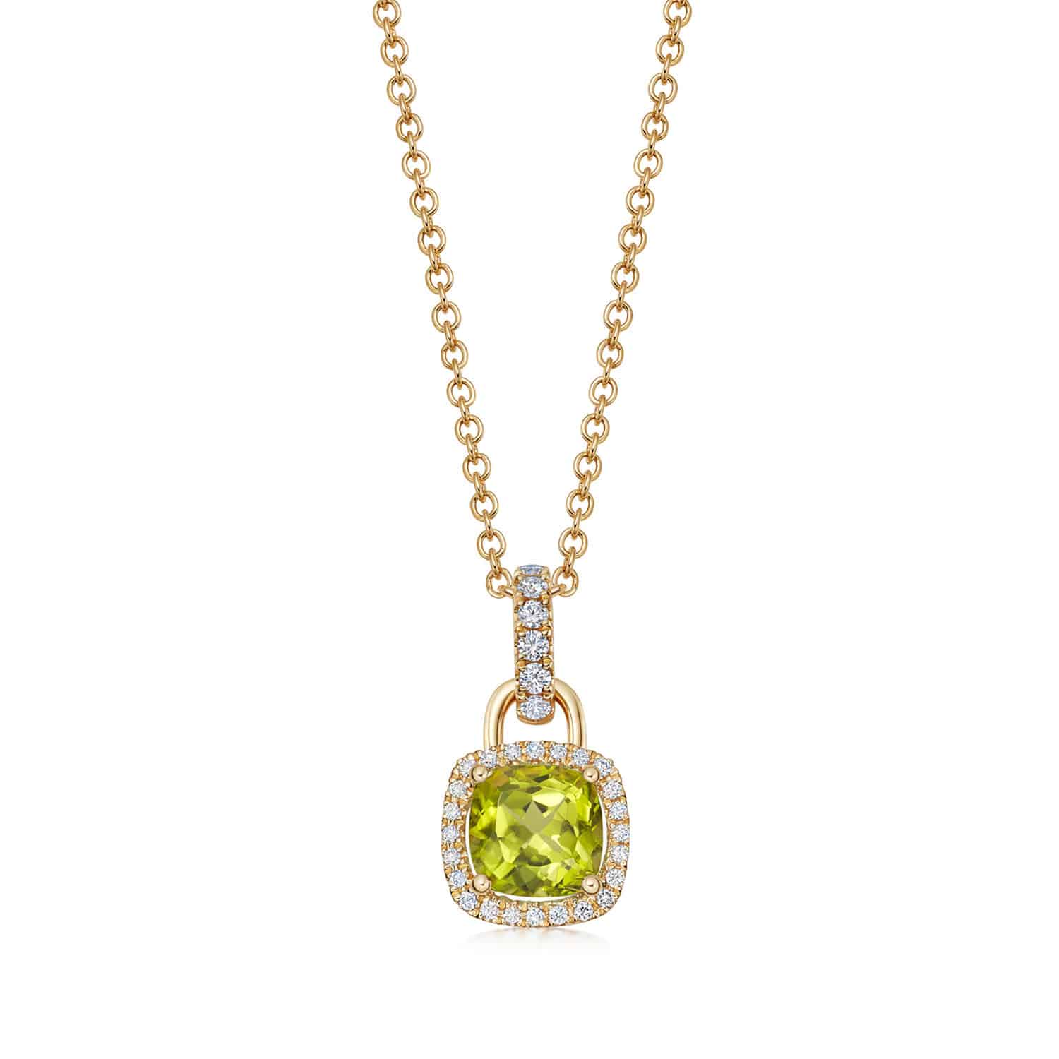 18ct Yellow Gold Mini Cushion Peridot & 0.20ct Diamond Halo Pendant