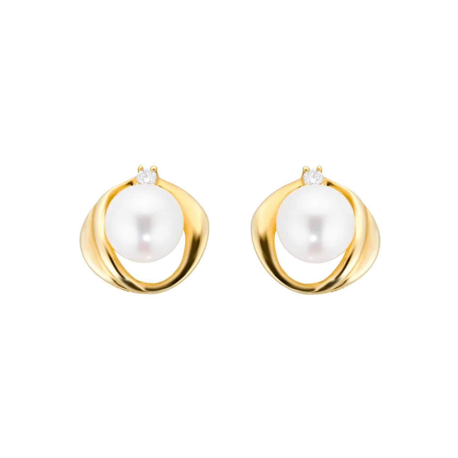 9ct Yellow Gold Fluid Pearl 0.04ct Stud Earrings